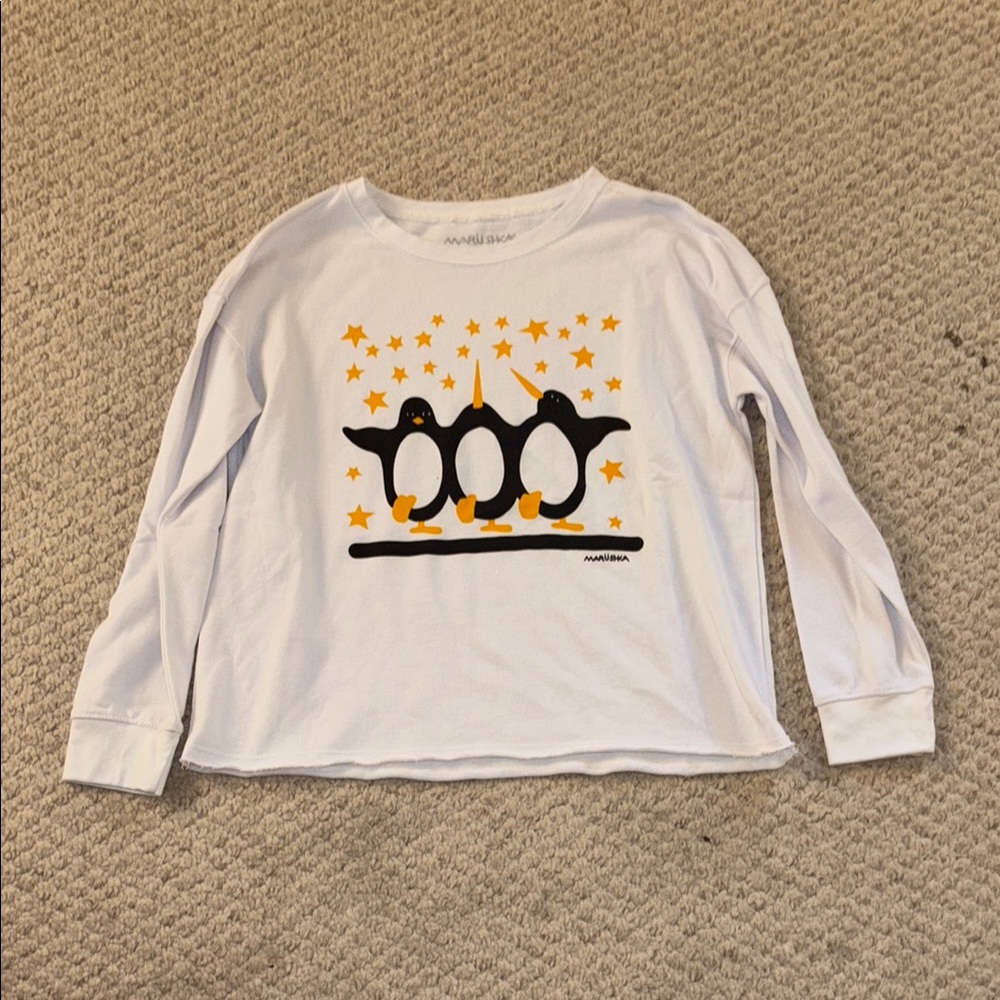 White Long Sleeve Penguin Tee for Kids